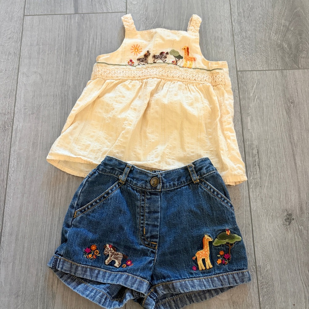 Gymboree Safari Zoo Jungle Embroidered Top Denim Shorts Set 6-12M Y2K Vintage